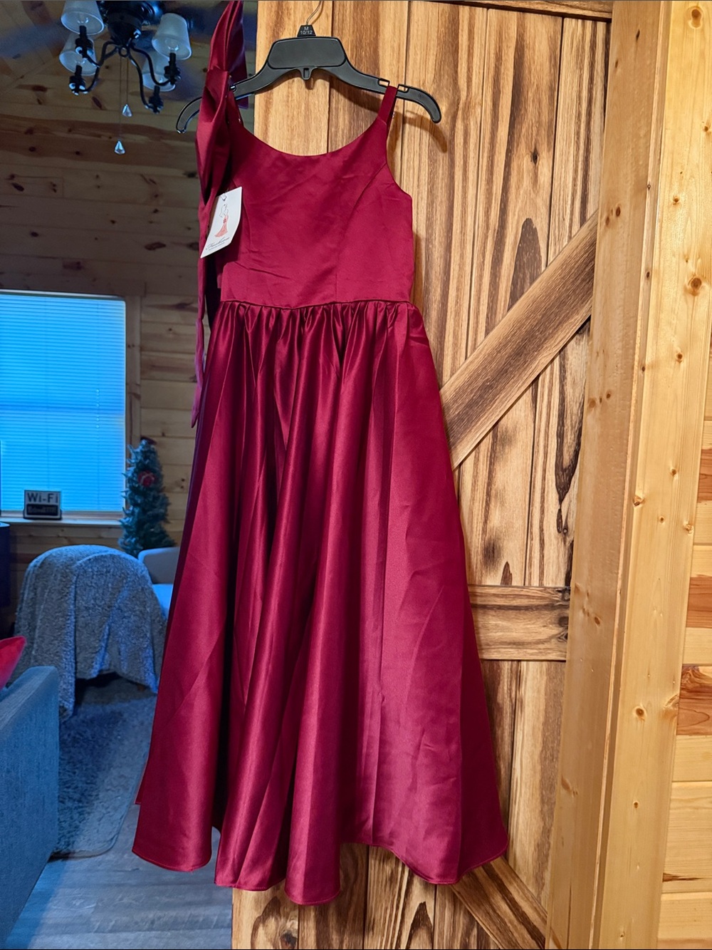 Girls Elegant Wine Satin Formal Dress with Bow